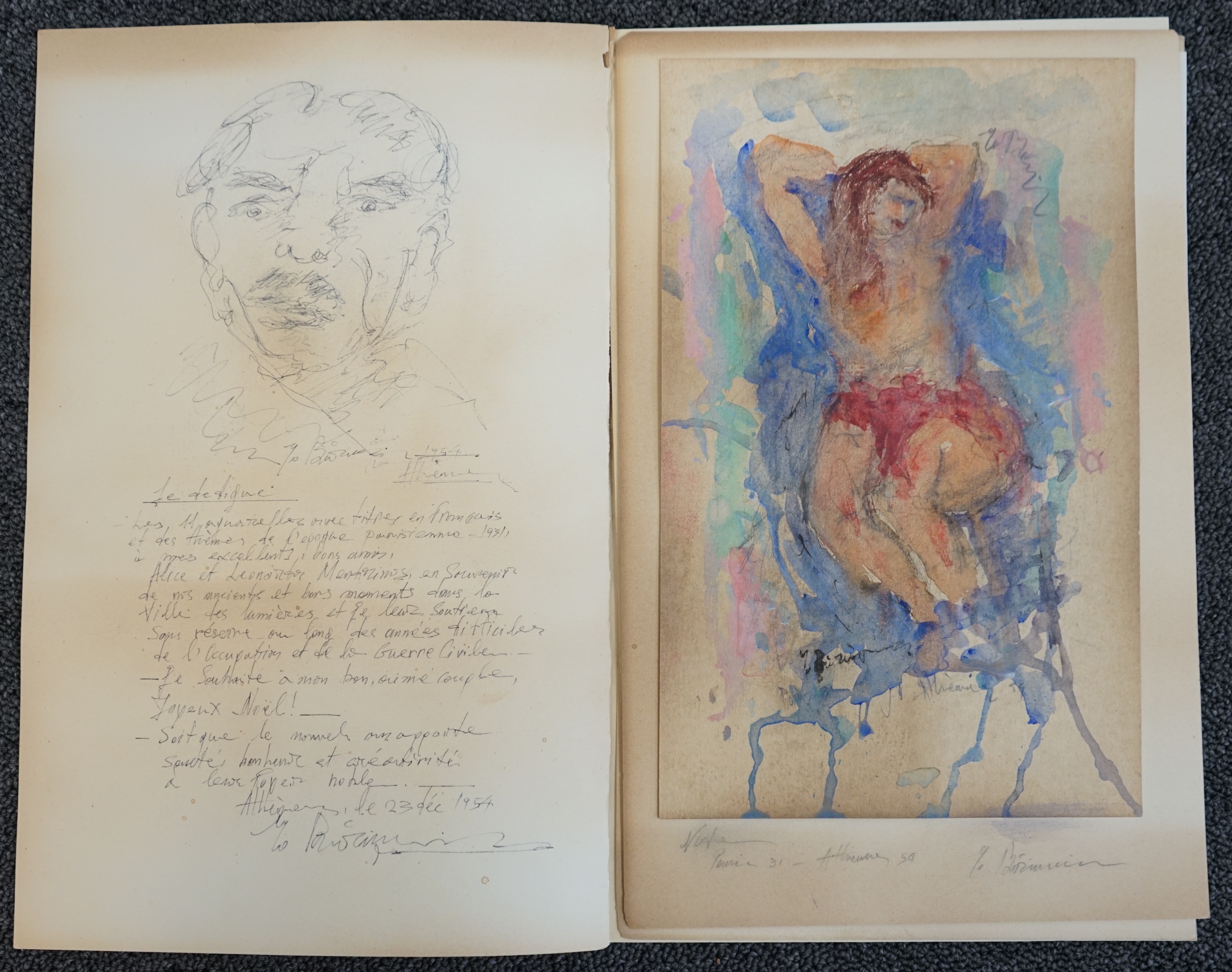 Georgios Bouzianis (Greek, 1885-1959), Reclining nude and studies of buildings, together with a head study with inscription below, three watercolours and a ballpoint sketch, watercolours 29 x 18cm, folder with internal s